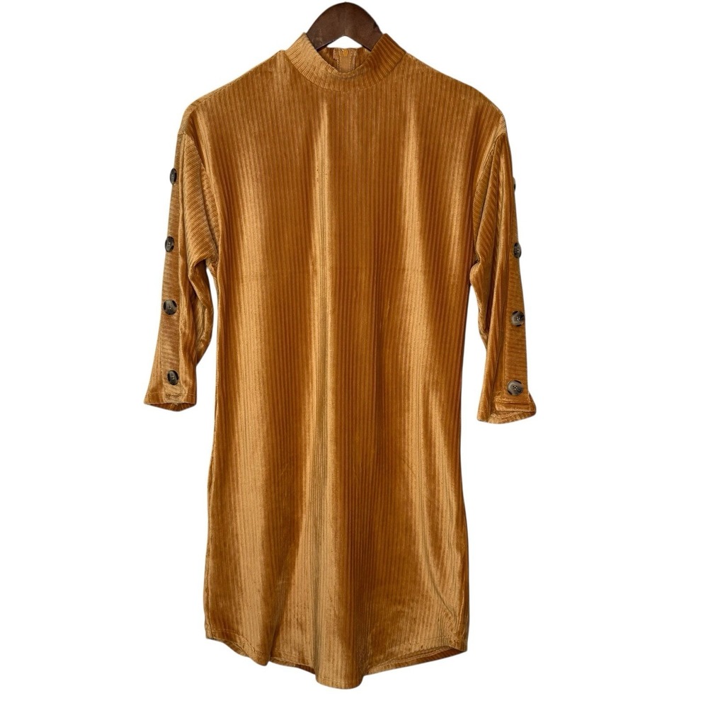 Vintage City Triangles Dress 5 Velour Velvet Corduroy Button Sleeve Mock Neck